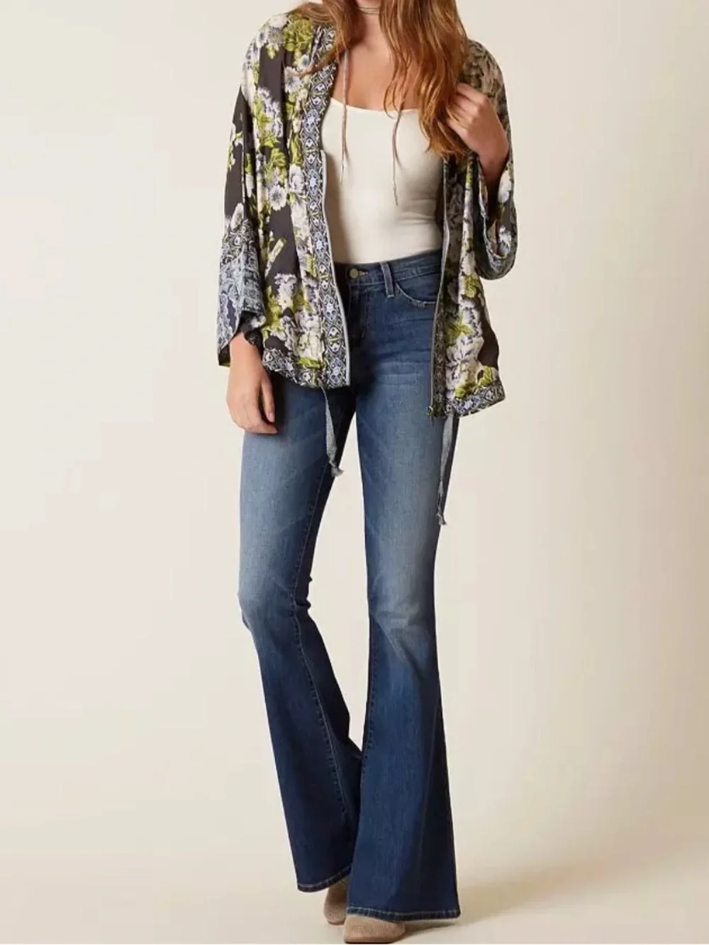 Free People Wildflower Kimono Floral Print Chiffon Zip Front Size M/L Cinch Tie